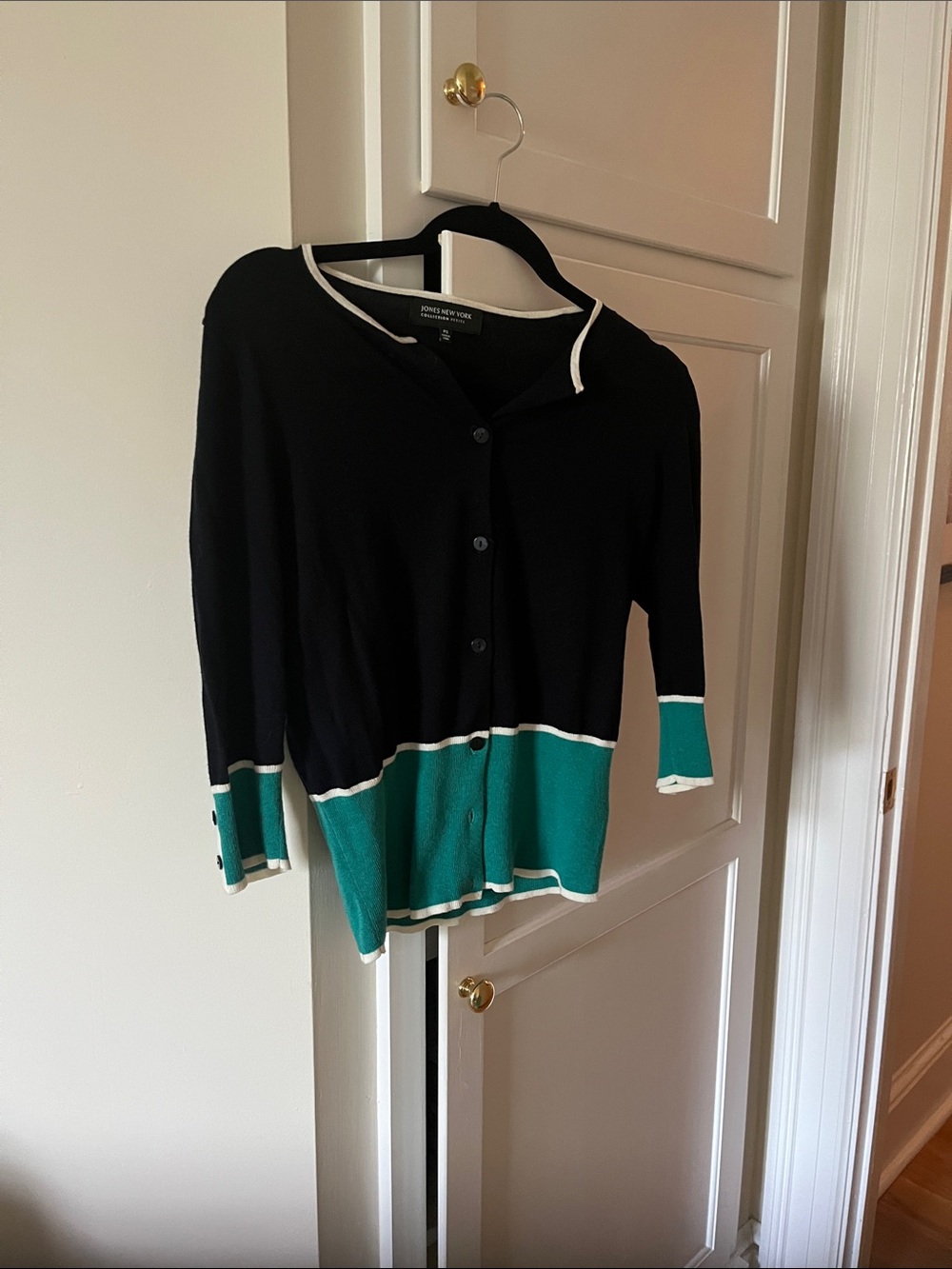 Jones New York Navy and Teal Colorblock Button-Front Cardigan